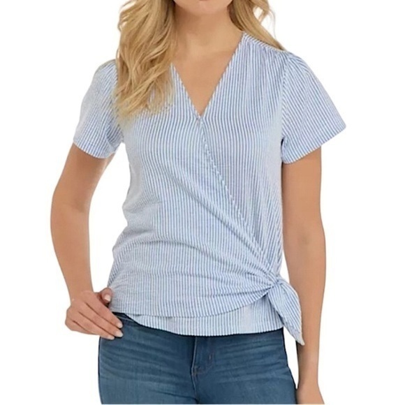 Michael Kors Wrap Top Ladies Size Medium Blue and White Short Sleeve V Neck Top - Picture 1 of 9